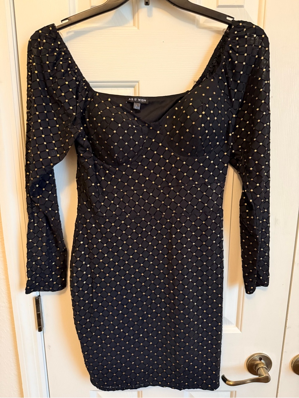 As U Wish Black Long-Sleeve Studded Sheath Dress with Gold Accents - Picture 1 of 5